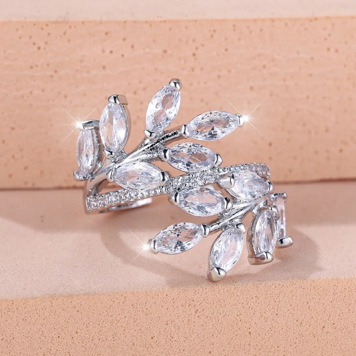 Adjustable horse eye zircon leaf ring in multiple colour options including platinum white and rose gold finishes