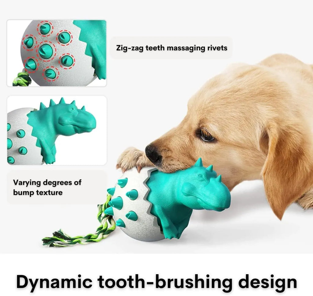 Durable blue dinosaur-shaped dog chew toy with an integrated green nylon rope.