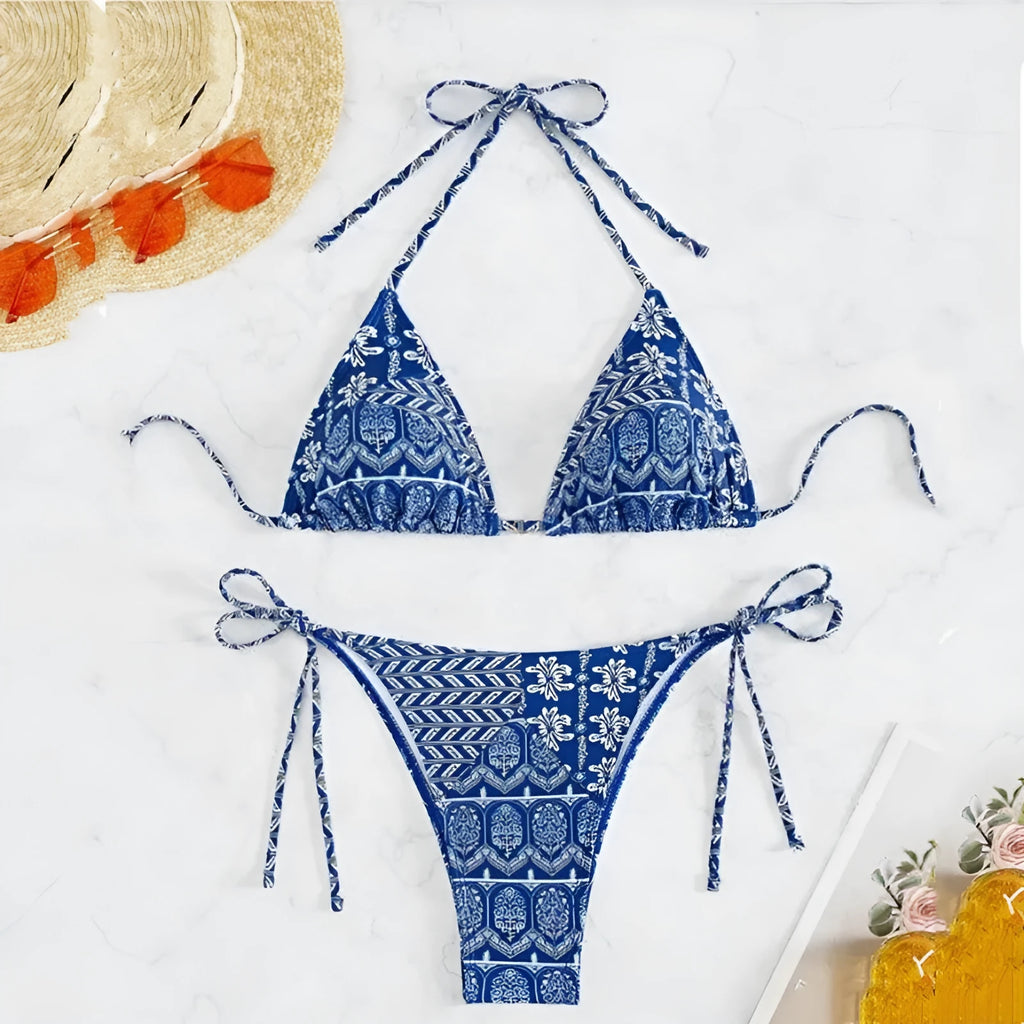 Women's split bikini swimsuit with bandage stitching in polyester fabric, available in multiple colours