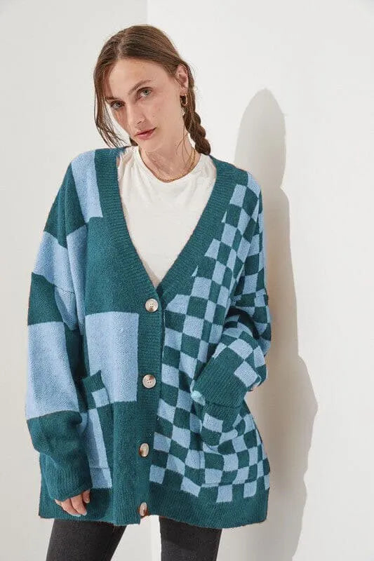 Loose fit printed checks cardigan knitwear in multiple colour options showing front view