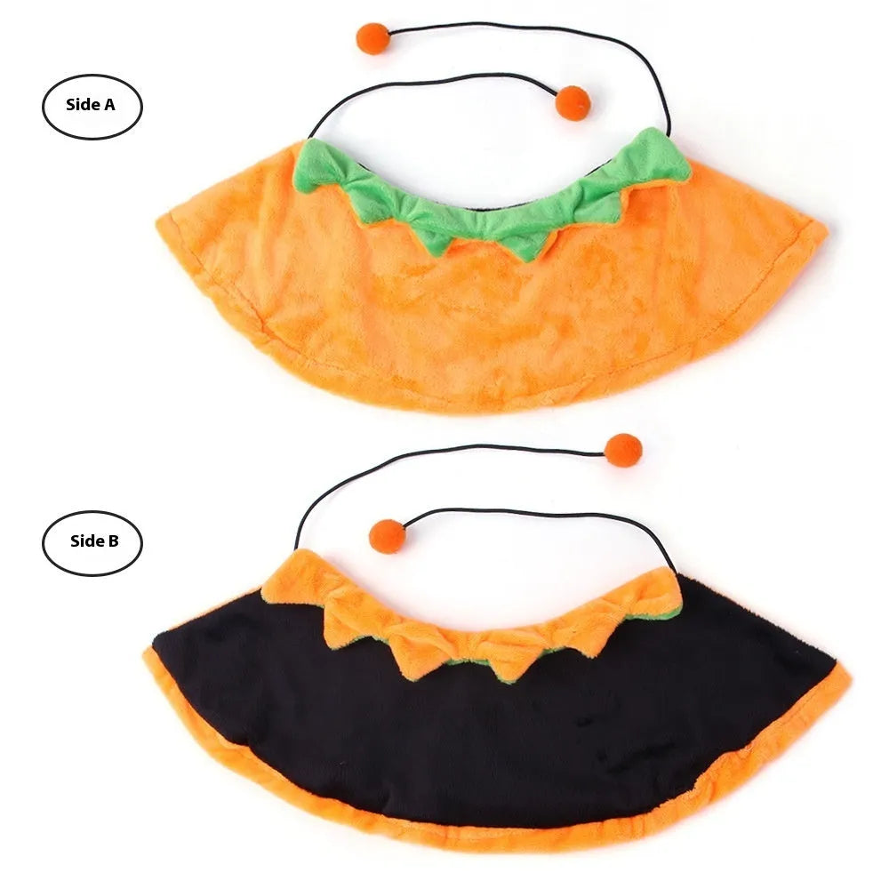 Orange plush pumpkin Halloween cloak for a dog or cat shown in size M.