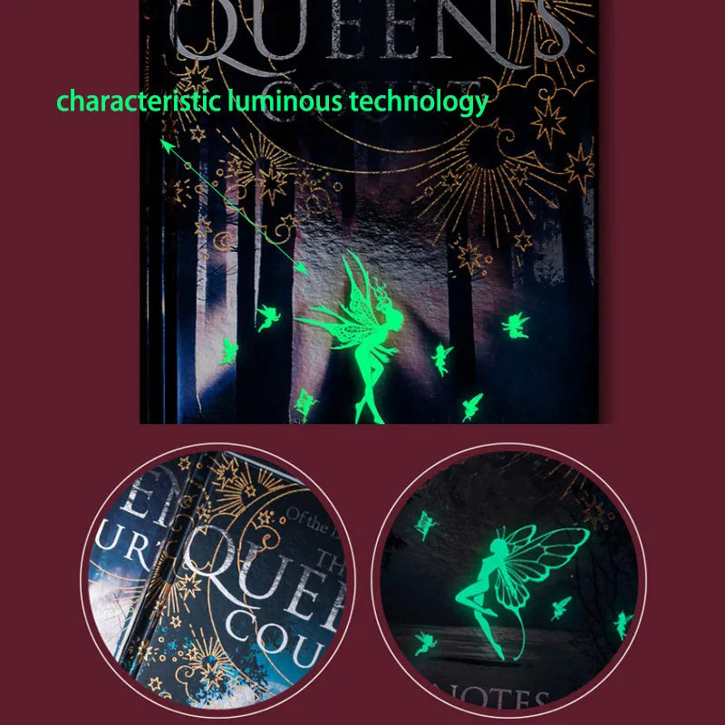 Blue A5 hardcover notebook with glowing night elves illustration, open to show colourful internal pages.