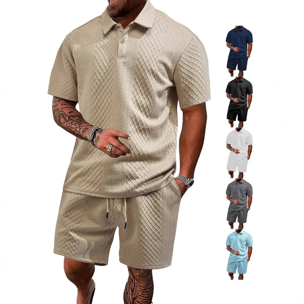 Men's figured cloth short sleeve suit with polo shirt and matching trousers in sports leisure style