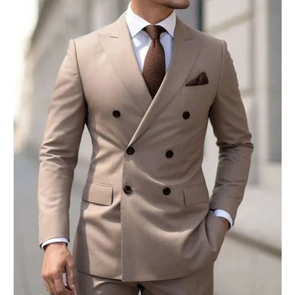 Korean style slim fit men's two-piece suit in a cotton blend fabric for business and banquet wear.