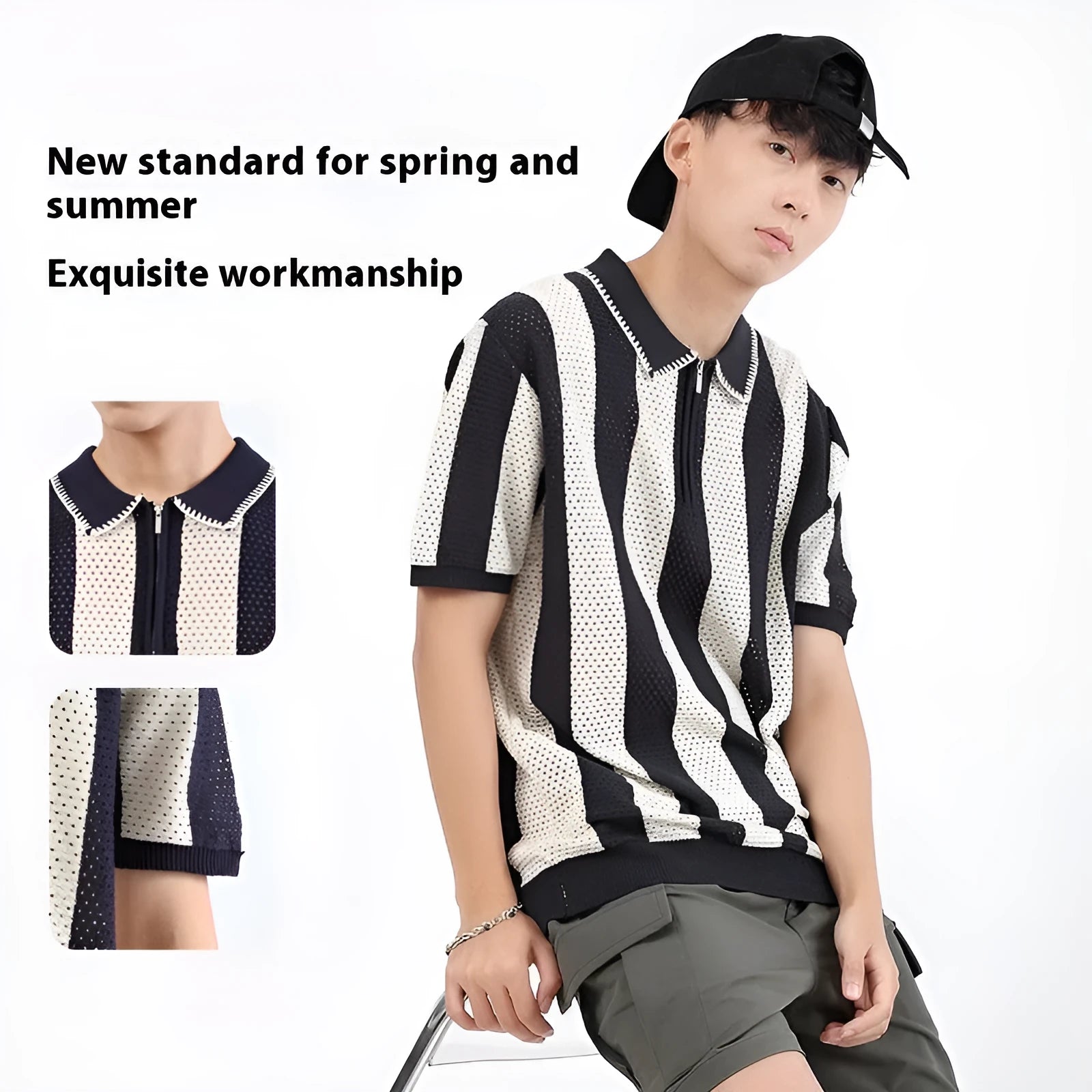 Men's short sleeve ice silk sweater with stripe pattern and zip decoration in viscose fabric