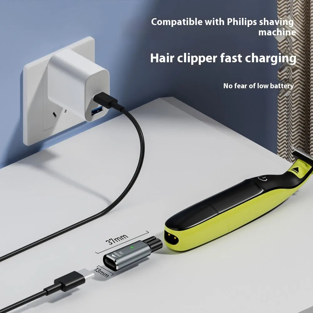 USB-C to 4.3V charging adapter for electric shavers in black or grey aluminium housing