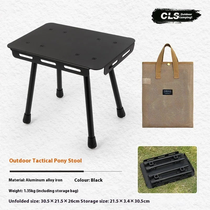 CLS Outdoor aluminium folding camping stool with PU cushion next to its bag that converts into a small table.