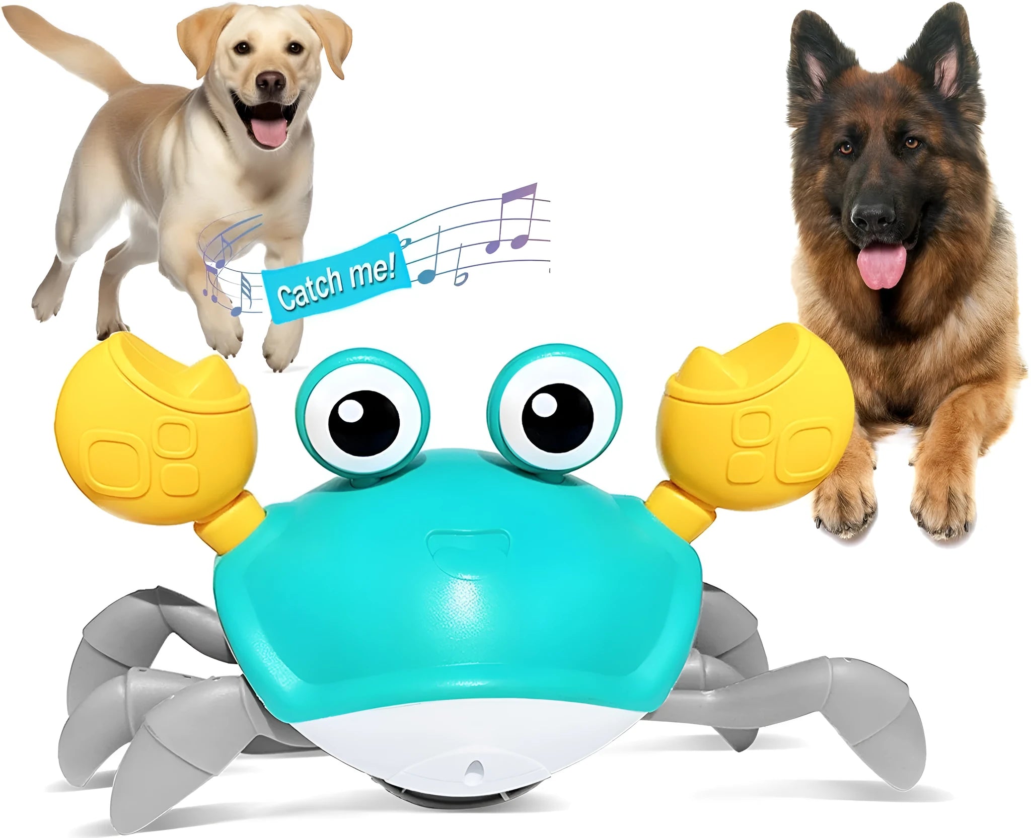 Red or blue electronic crawling crab dog toy with lights on a floor.