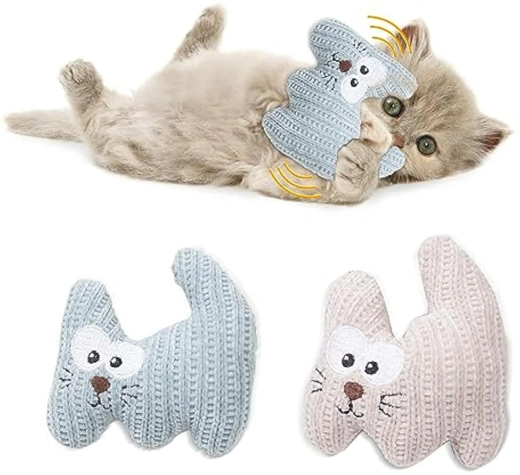 Cyan knitted plush cat toy with rope ends, measuring 12cm, containing a bell and organic catnip.