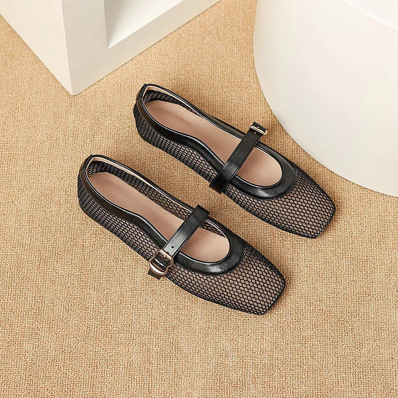 Women's beige mesh hollow out pumps with a square toe and buckle fastening on a flat beef tendon sole.