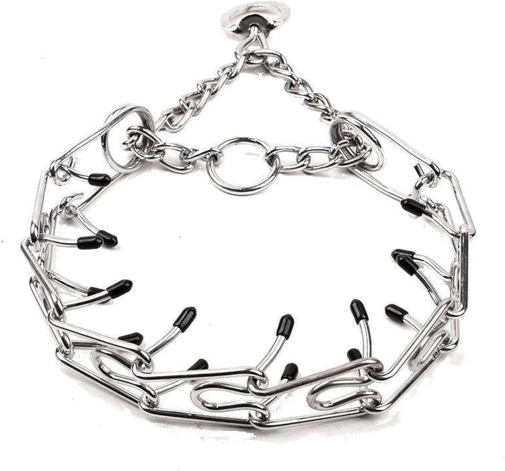 Stainless steel dog prong training collar with round links, rubber tips, shown in adjustable sizes for medium and small dogs.
