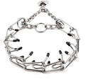 Stainless steel dog prong training collar with round links, rubber tips, shown in adjustable sizes for medium and small dogs.