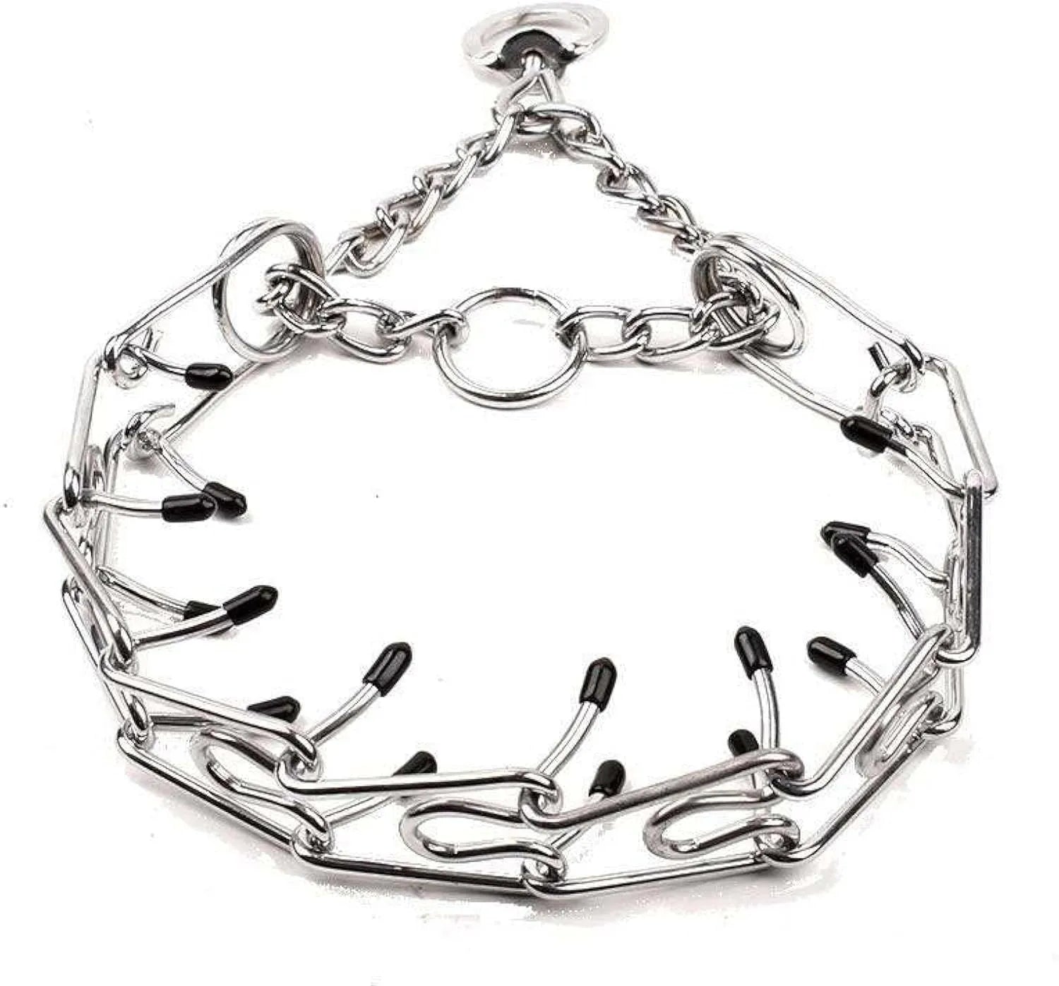 Stainless steel dog prong training collar with round links, rubber tips, shown in adjustable sizes for medium and small dogs.