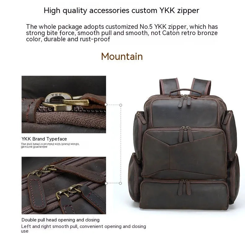 Dark brown genuine leather 17-inch laptop backpack with double shoulder straps and embossed finish
