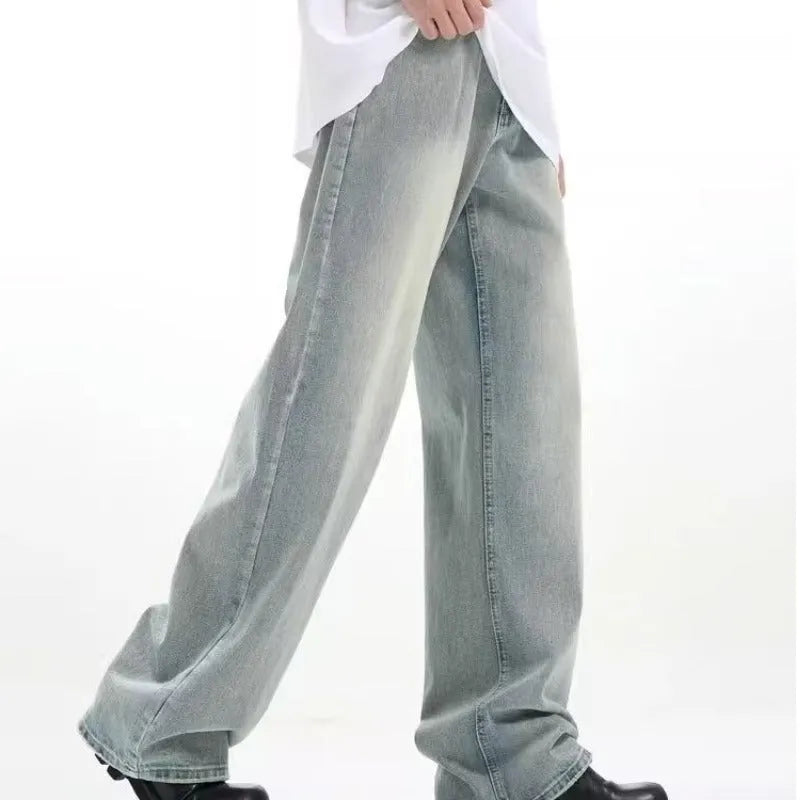 Blue loose-fit retro trousers with an elasticated waistband made from rabbit fur fabric.