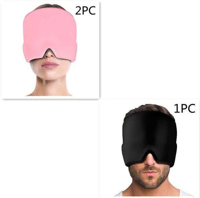 Black adjustable cold compress gel eye mask for headache relief on a plain background.
