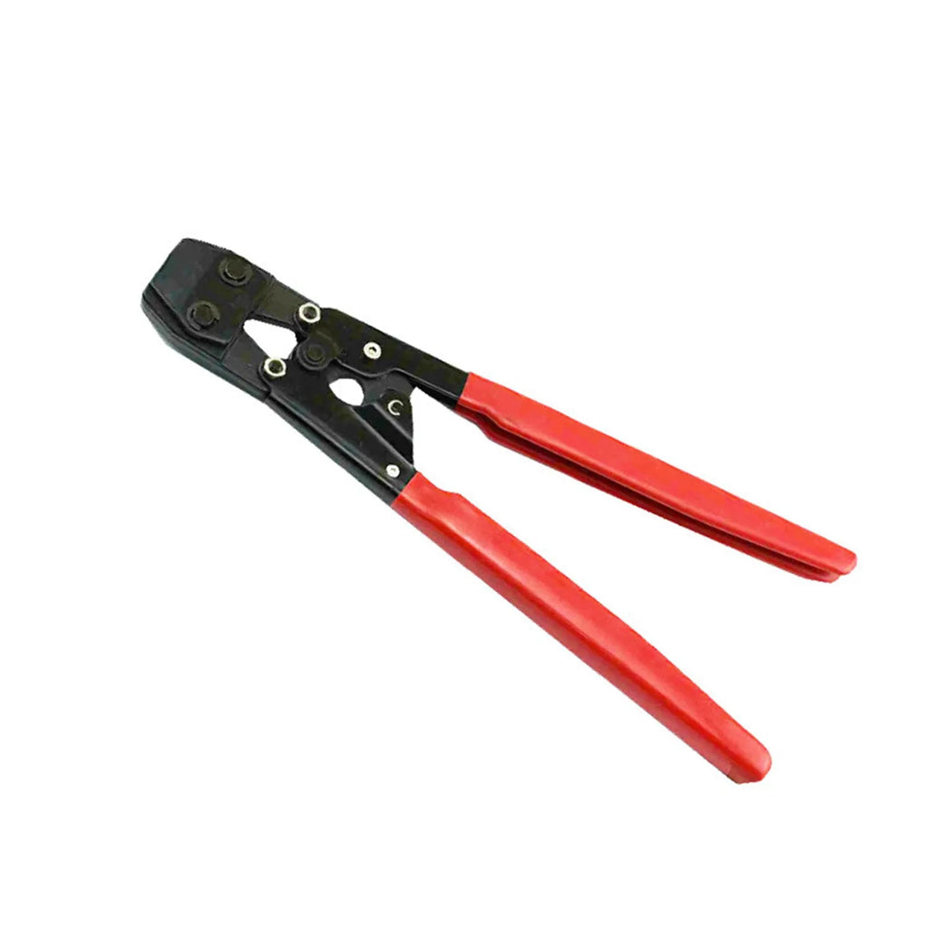 Red cloth pouch containing PEX clamp tool set with single ear clamp
