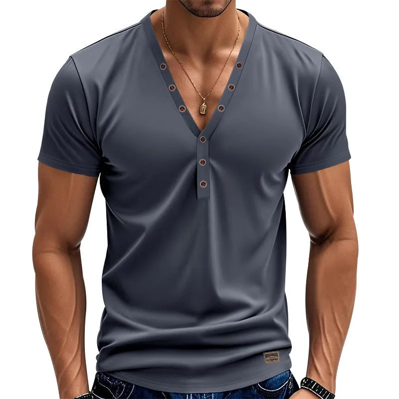 Men's loose fit solid colour V-neck pullover top with button detailing on the front.