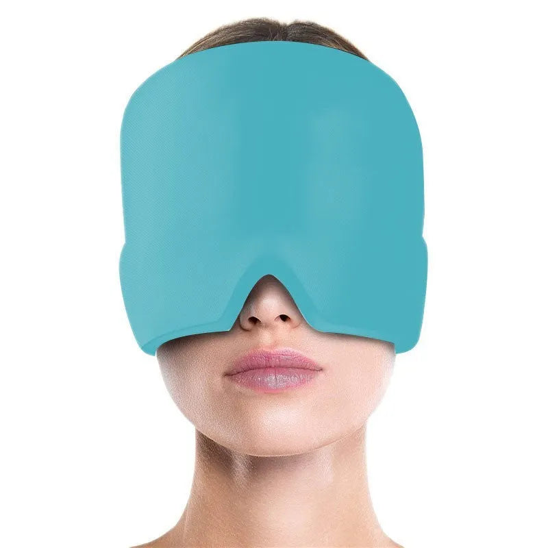 Black adjustable cold compress gel eye mask for headache relief on a plain background.
