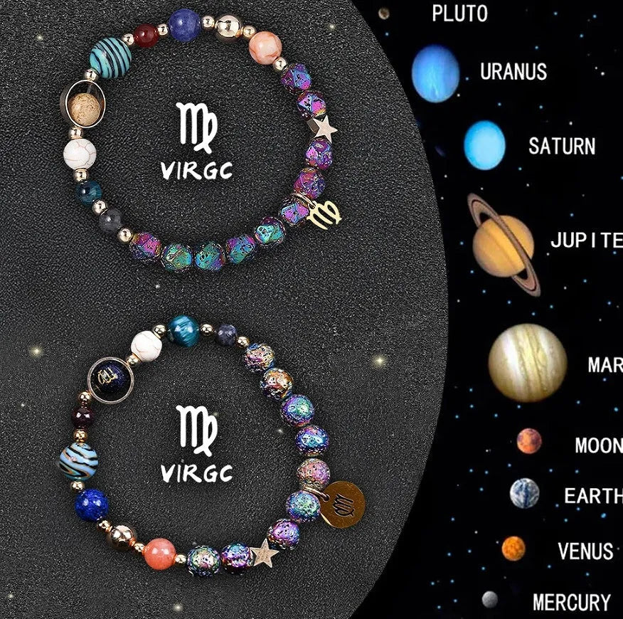 Two natural stone zodiac bracelets with adjustable cords showing astrological symbol beads