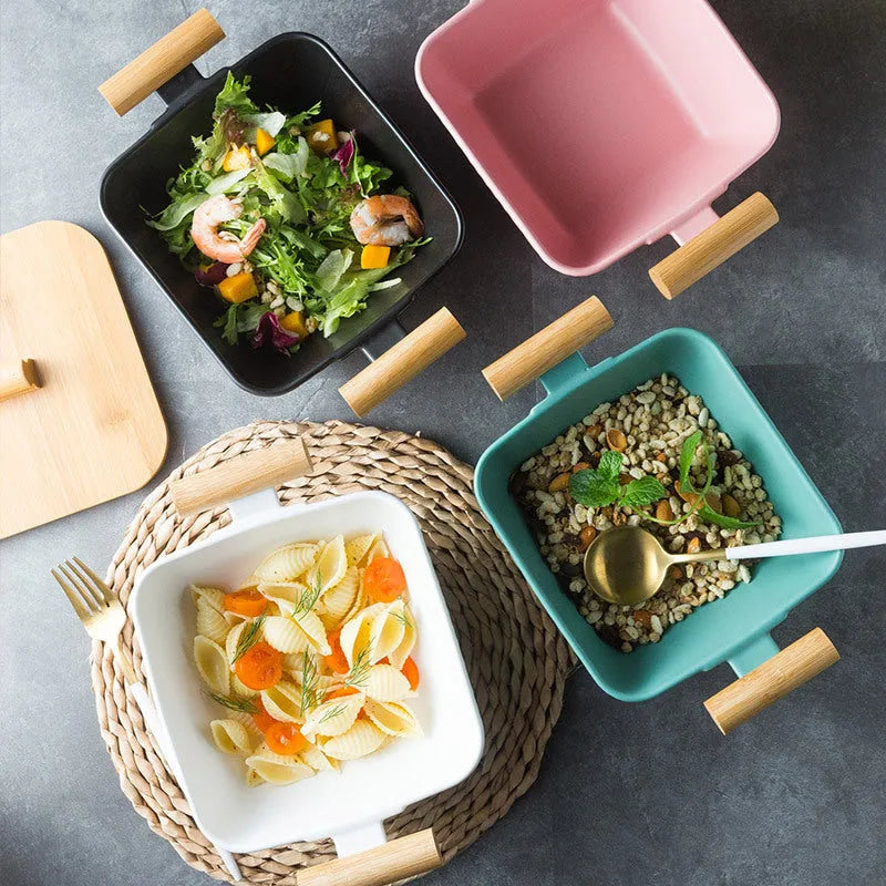 Irregular shaped porcelain serving bowl with lid in modern simple design