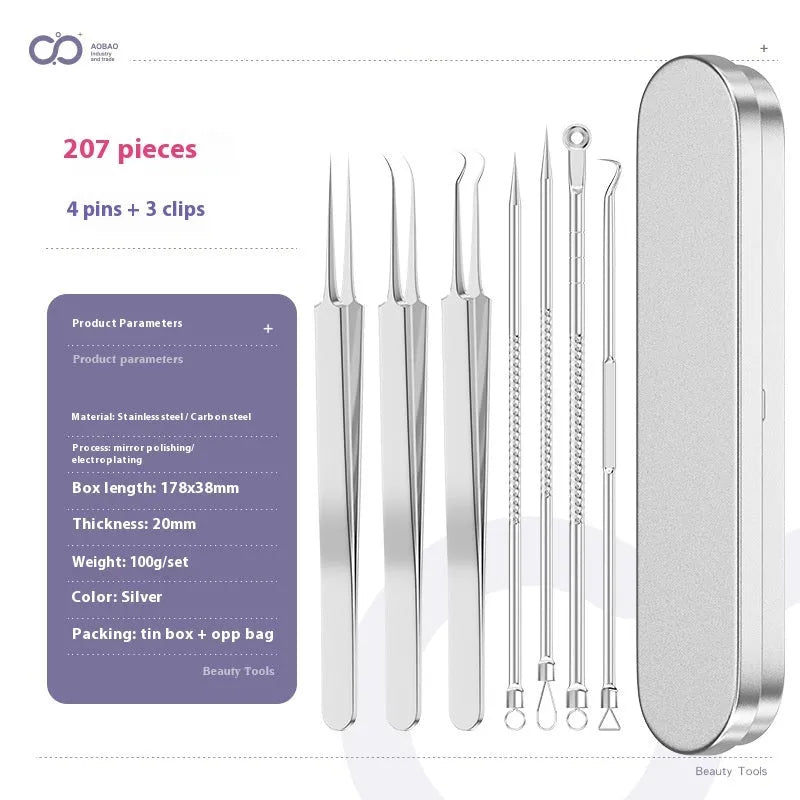 Four-piece metal acne needle set with ultra-fine pointed tips for blackhead removal