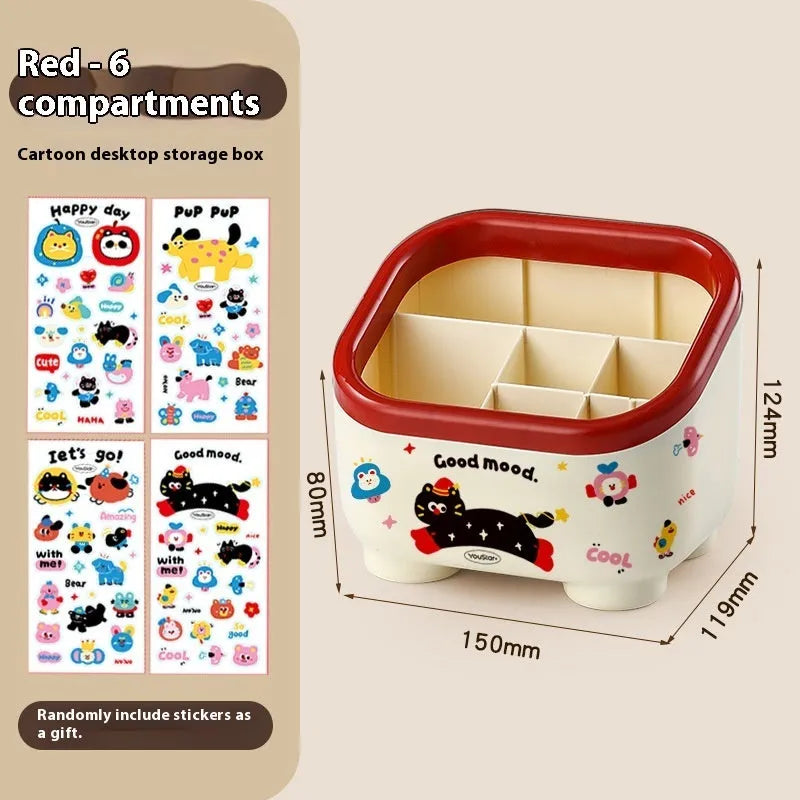 Cartoon design plastic desktop organiser with storage box, pen container, tissue box and coin bank accessories in red and brown colours