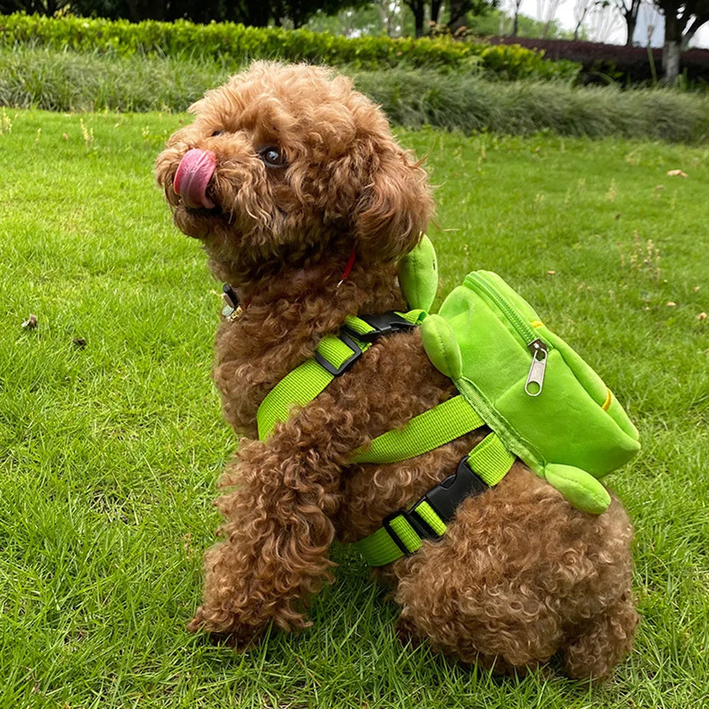 Cartoon turtle shape dog backpack harness vest in velvet with metal zipper, shown in brown colour