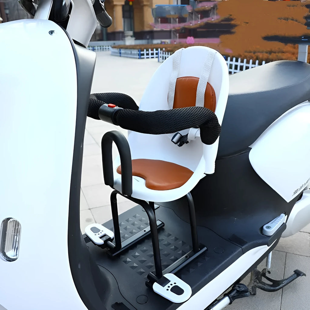 High carbon steel front seat for children's battery scooter in black, red, or white colour options