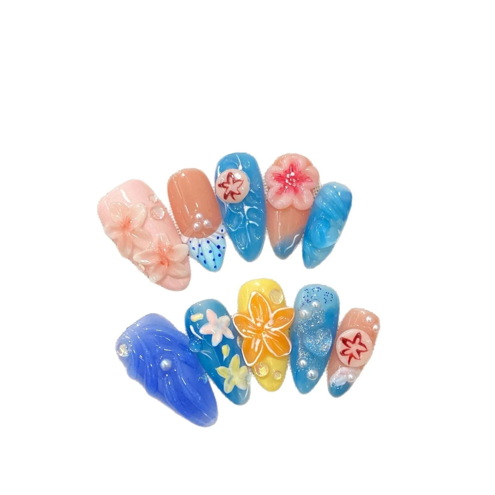 Three-dimensional carved jellyfish design on plastic marine-style wearable armour in almond nail colour.