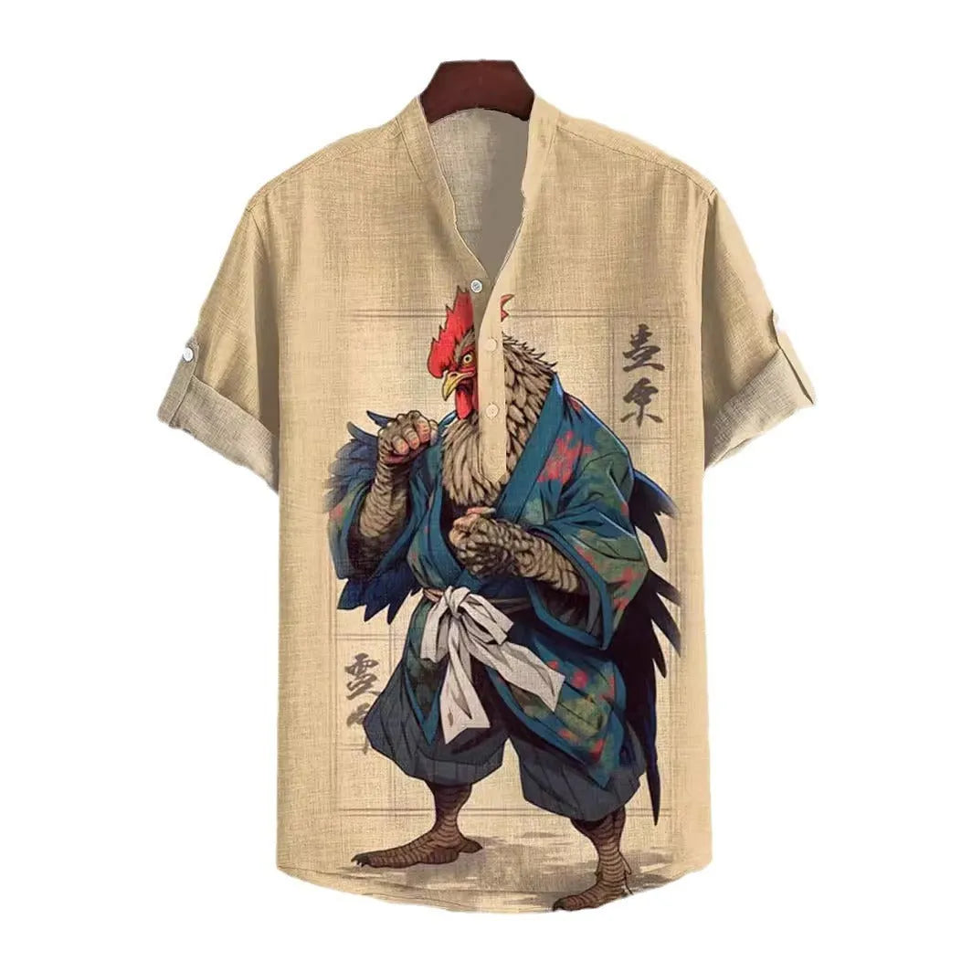 3D digital animal pattern short sleeve shirt on a hanger, showing the print detail.