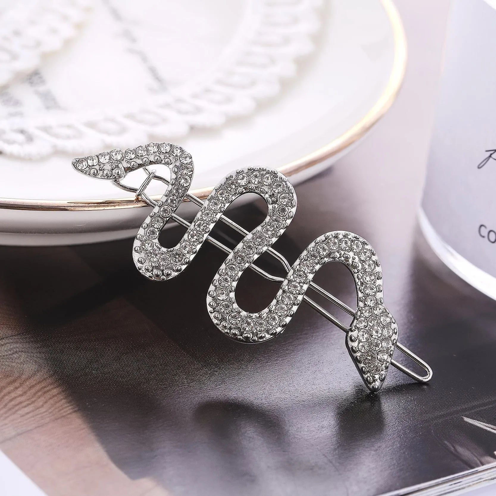 Korean vintage snake barrette hair clip with rhinestone electroplating in gold or silver colour option