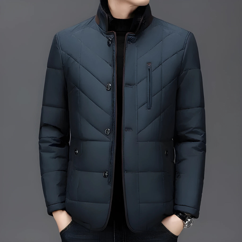 Men's winter short coat in dark blue with cotton-padded insulation and side pockets