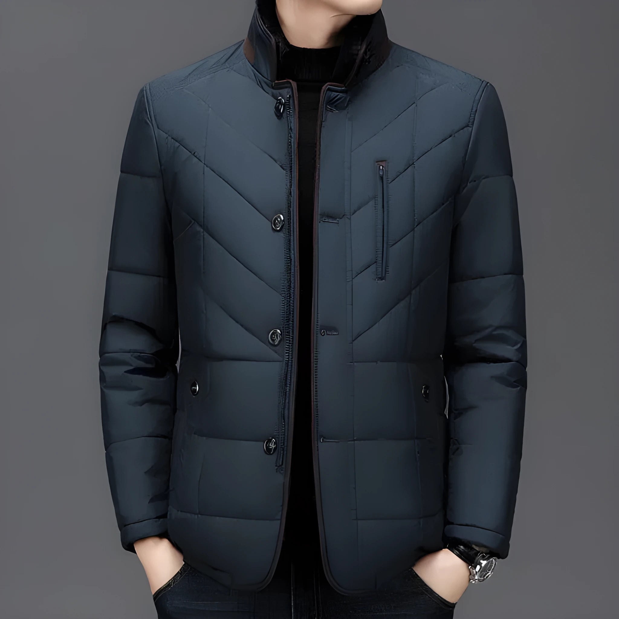 Men's winter short coat in dark blue with cotton-padded insulation and side pockets
