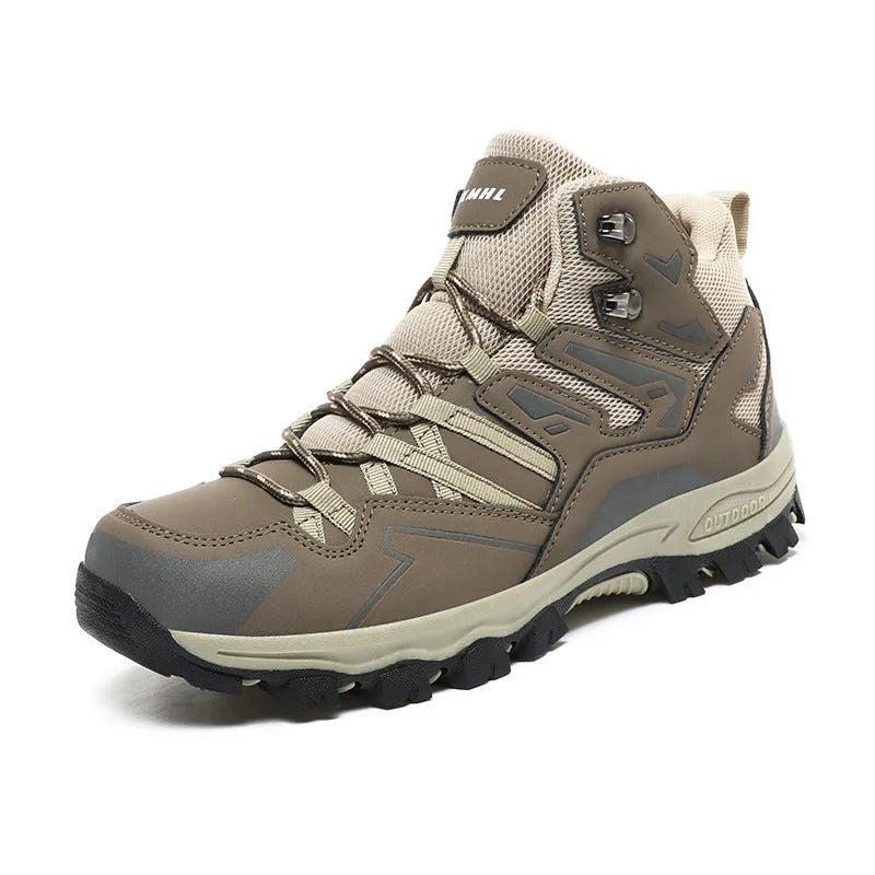 High-top hiking shoes with flannel upper and rubber soles in various colours for outdoor walking