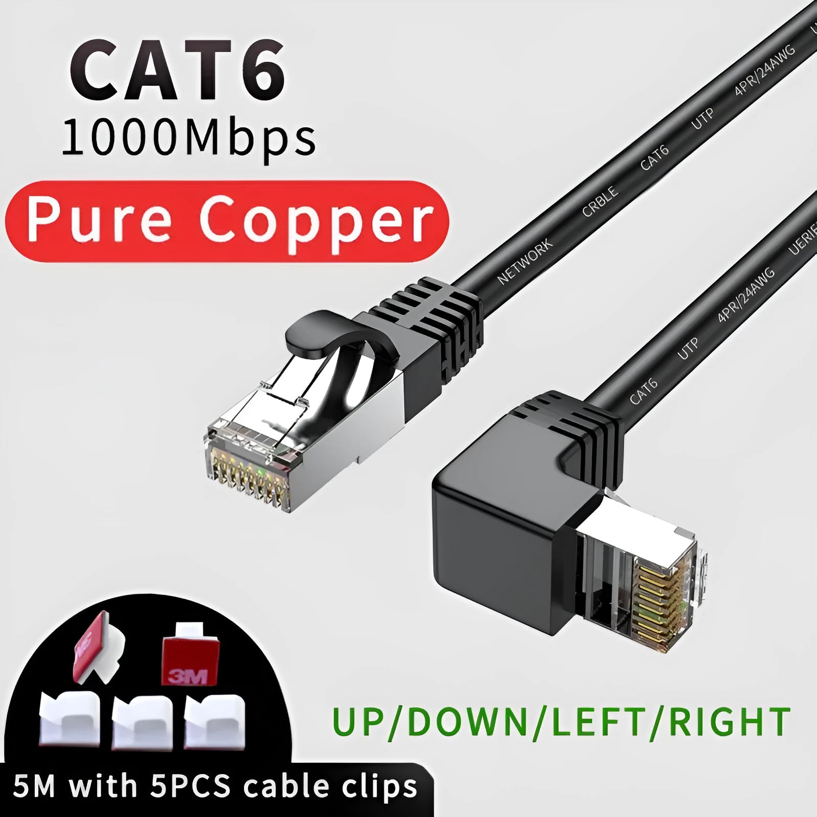 Cat6 Ethernet cable with right-angle RJ45 connector in multiple colour options including black, white, and red