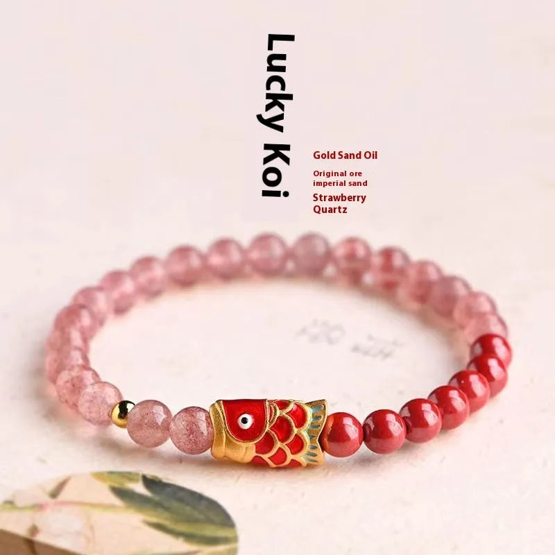 Purple cinnabar and strawberry quartz bracelet with koi and peach blossom motifs for women
