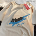 Women's black cat design short sleeve cotton T-shirt for diving and swimming pool leisure
