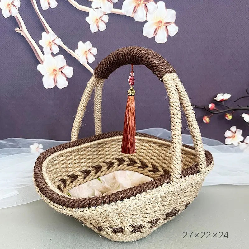 Small hand-woven coffee brown straw basket with retro pastoral style measuring 19x12cm
