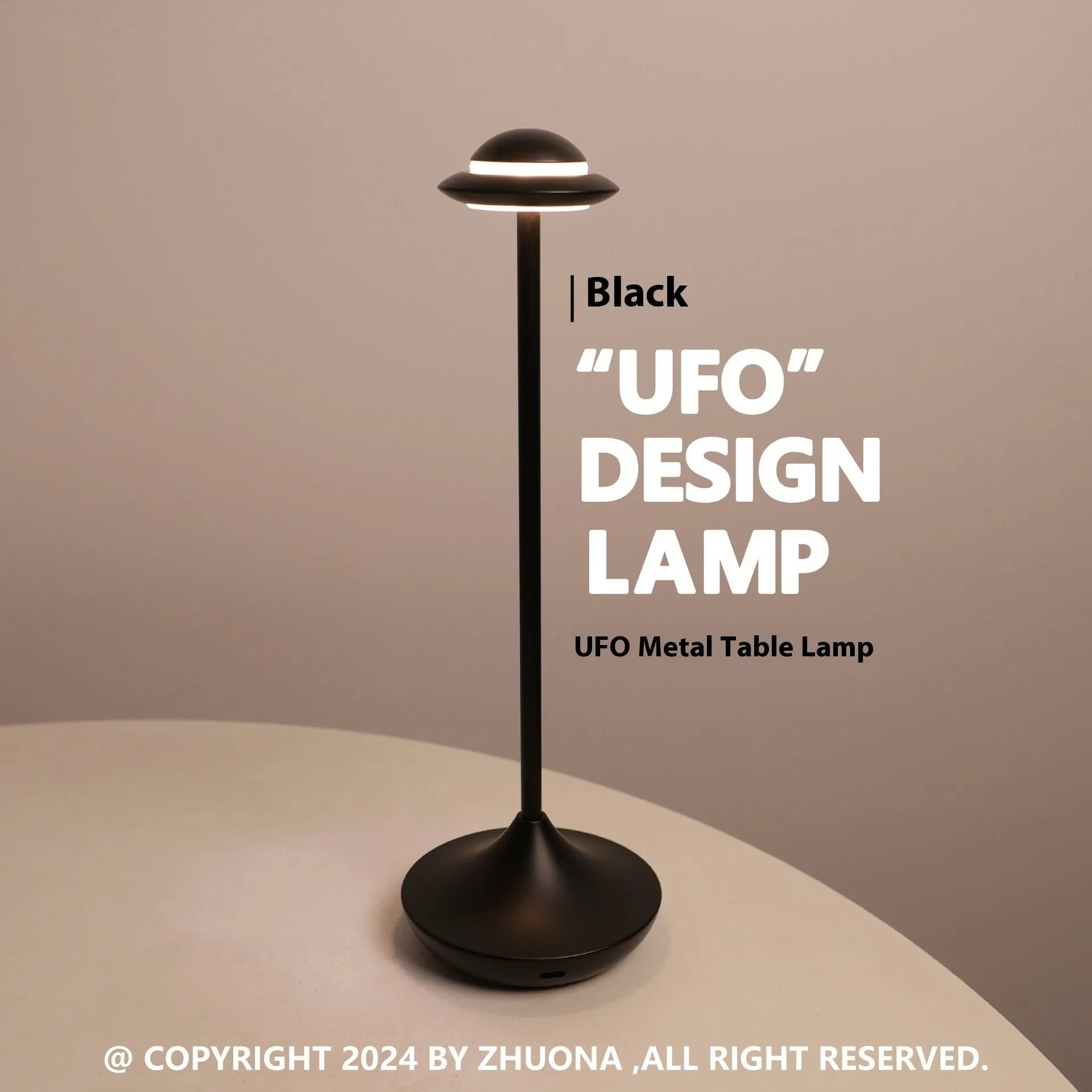UFO-shaped metal table lamp with touch controls showing three colour dimming options
