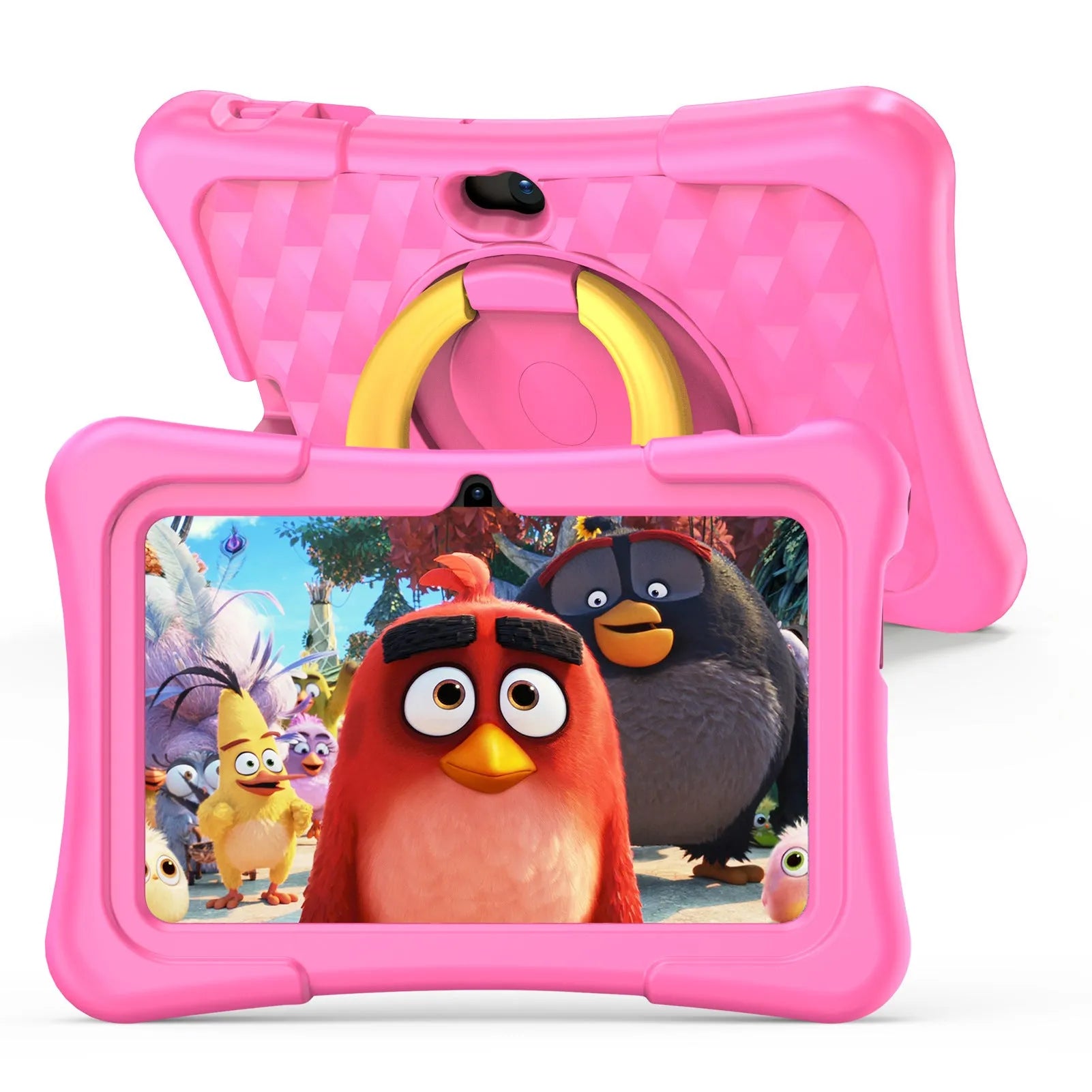 Blue children's 7-inch tablet with silicone protective cover and a rotating handle bracket attached.