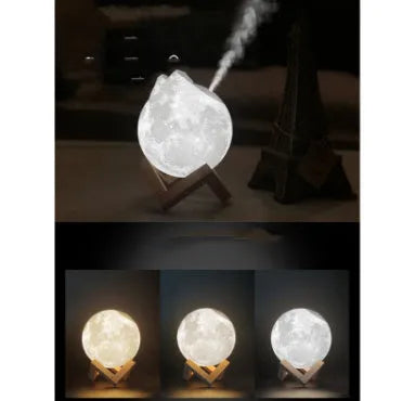 Lunar sphere humidifier and night light in wood finish with white LED light on a bedside table