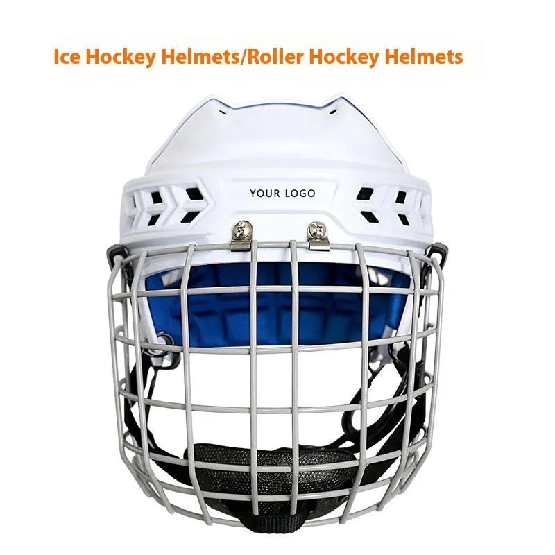 Ice hockey helmet with a carbon steel face mask, showing a black polypropylene shell and cushioned interior.