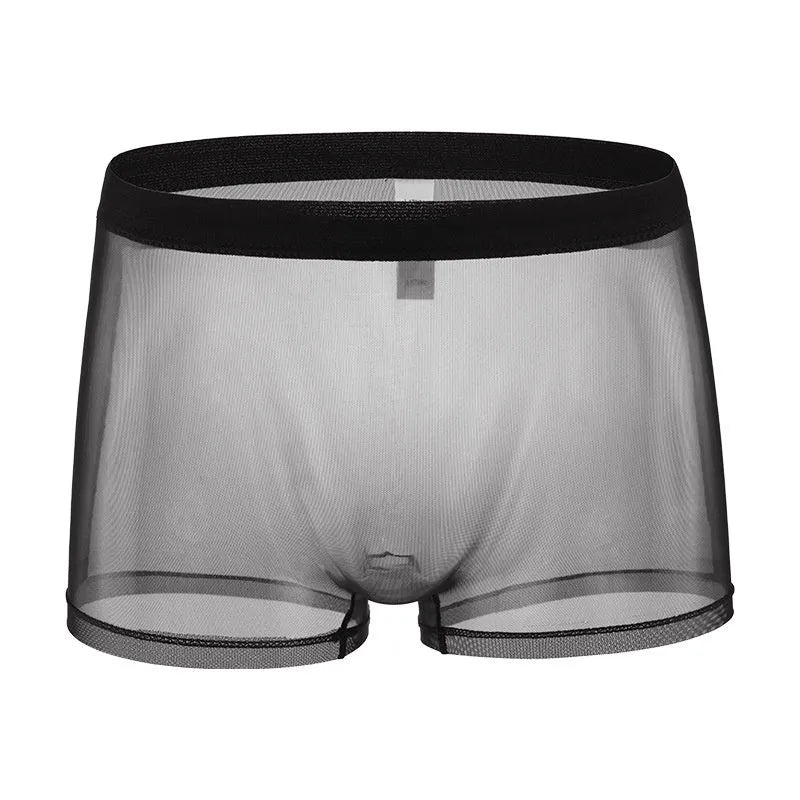 Men's mesh boxer briefs in thin sheer polyester fabric showing low waist design and breathable mesh texture