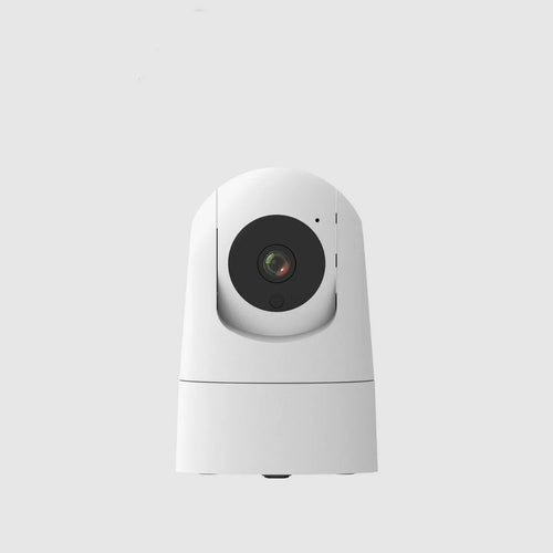 White indoor PTZ security camera with lens and mounting bracket on table