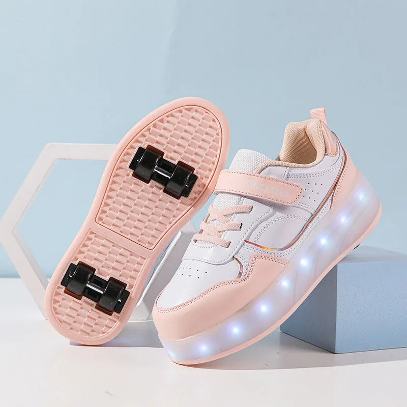 Child wearing charging flash roller skates with illuminated LED wheels, showing pink and black colour options.