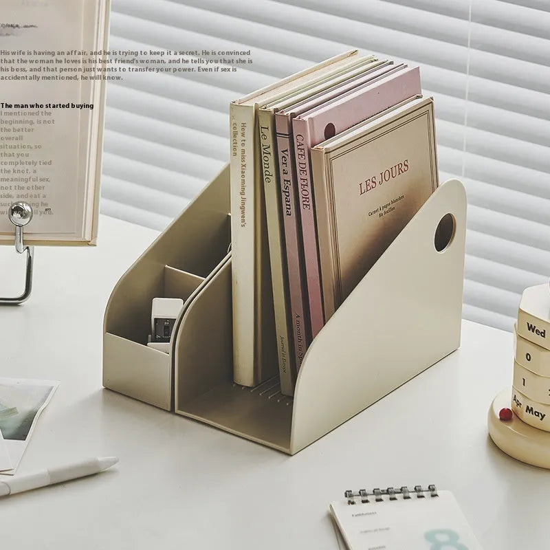 Plastic desktop storage box organiser with two grid compartments in ivory white colour