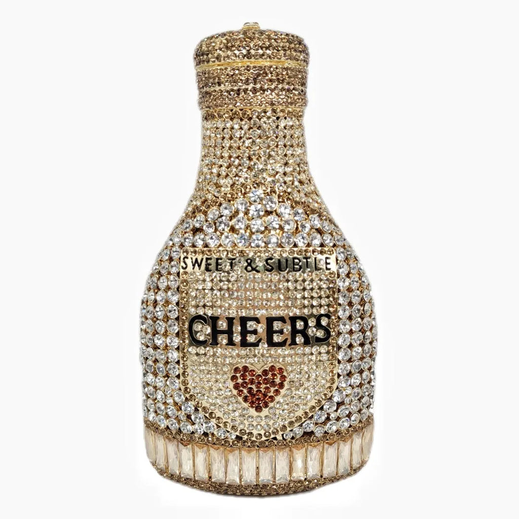 Gold hard shell champagne bottle clutch bag with rhinestones and alloy chain