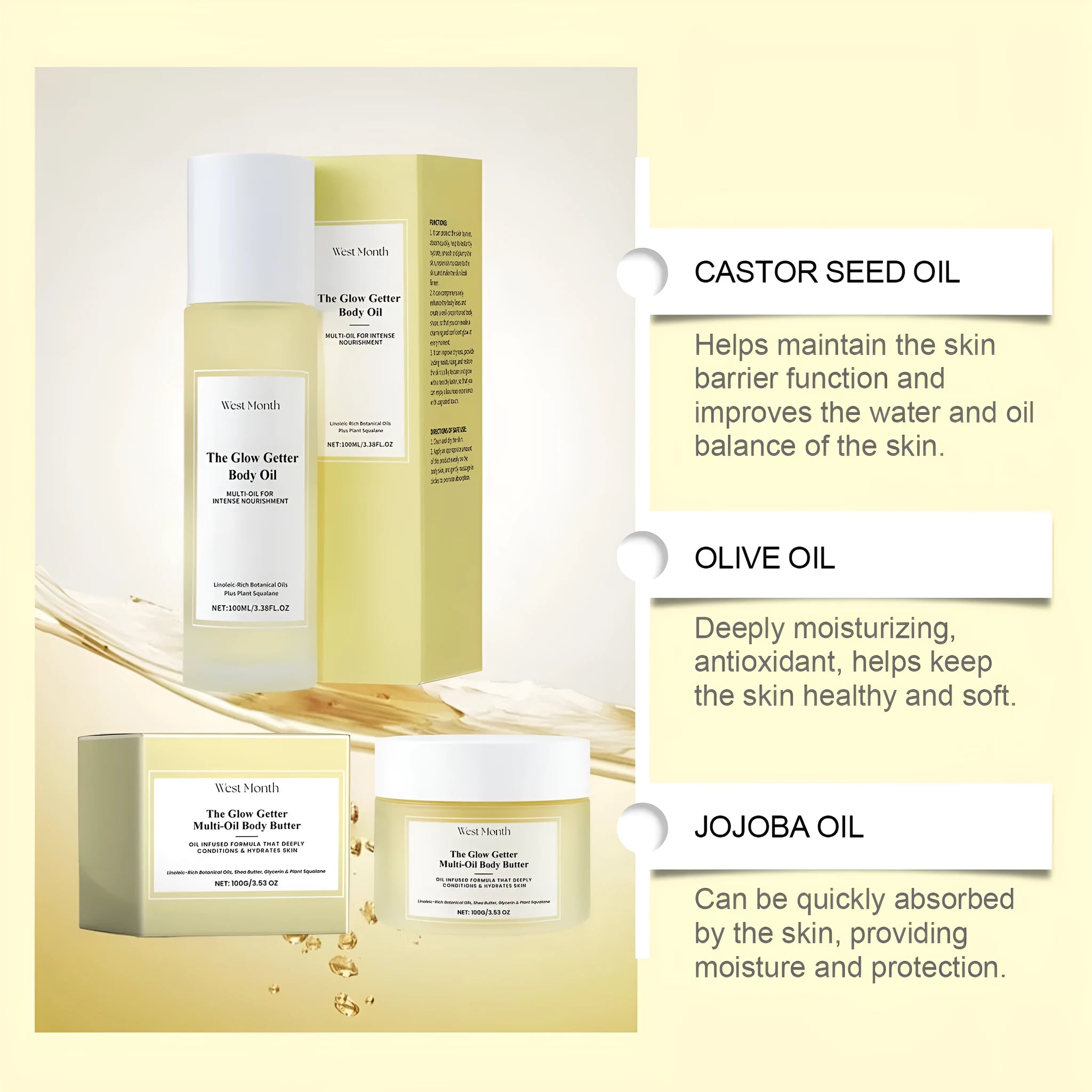 Nourishing firming skin care kit with skincare oil bottle and moisturising cream jar