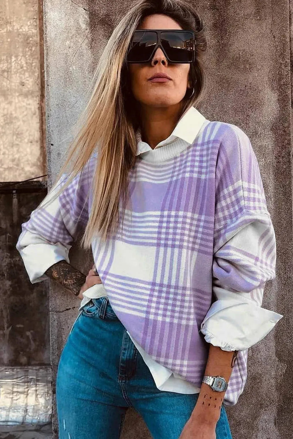 Lilac plaid print loose fit long sleeve sweater with ribbed collar and cuffs